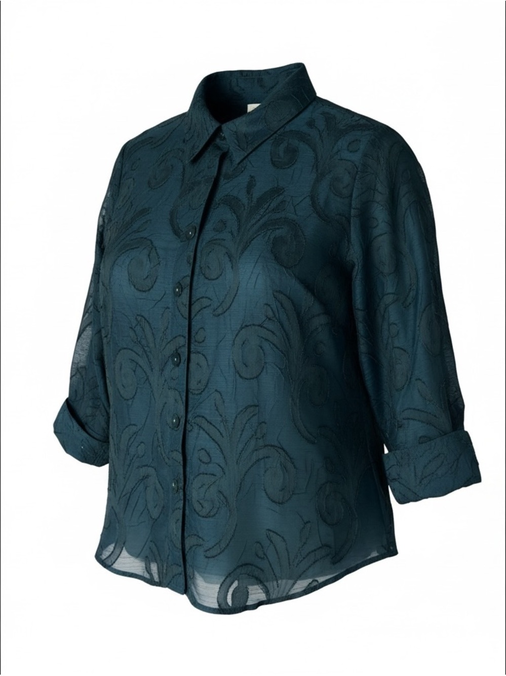 Coldwater Creek Dark Teal Textured Sheer Button-Up Blouse - PL (14-16)